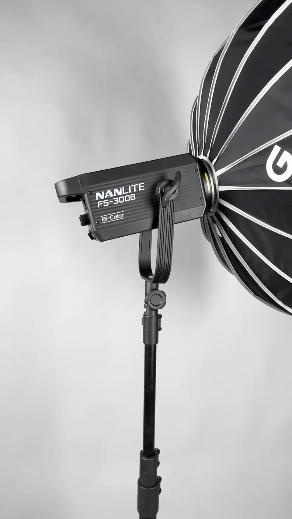 Nanlite fixture paired with a parabolic softbox